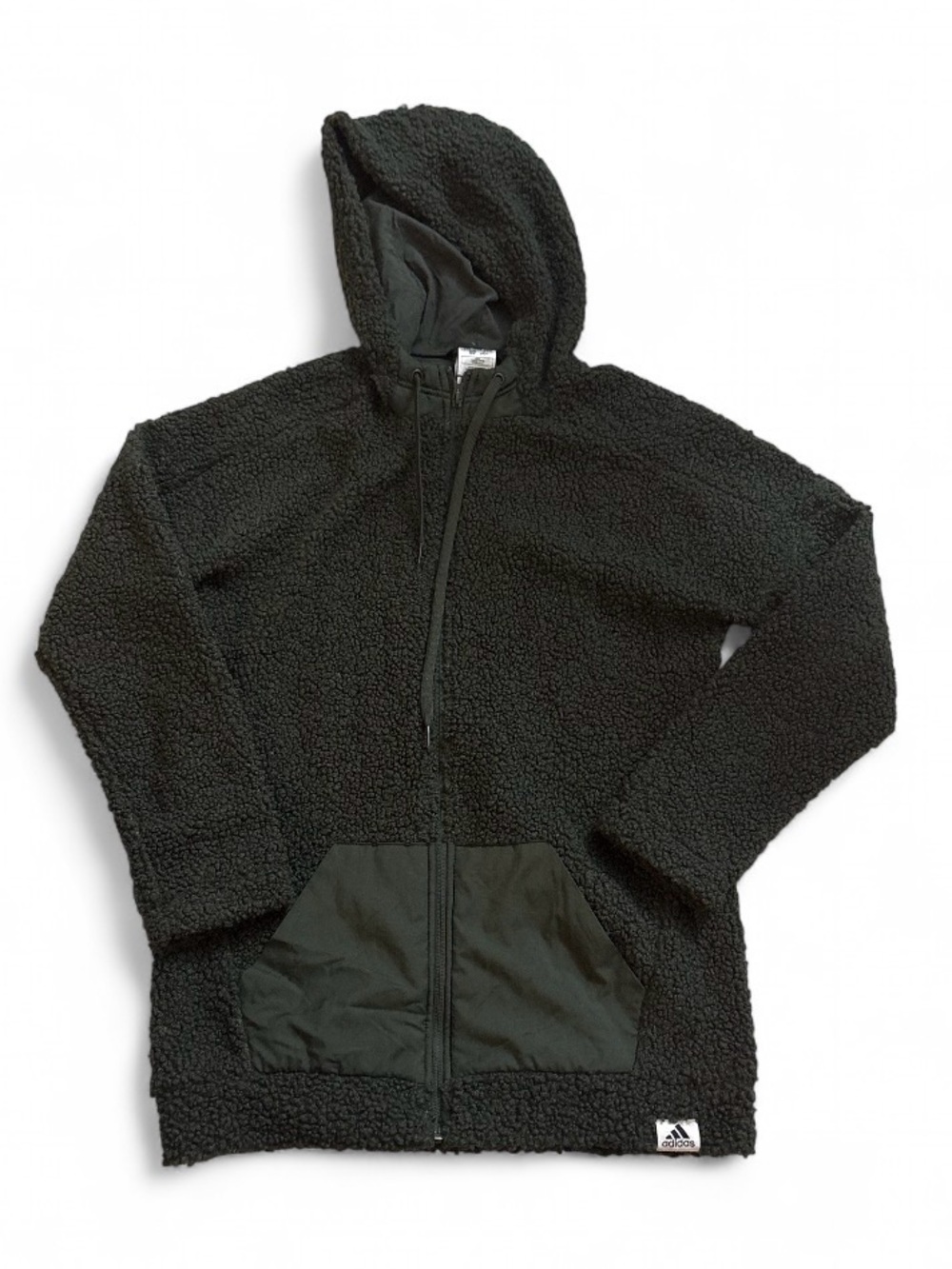 adidas Olive Green Sherpa Puffer Hoodie Jacket with Kangaroo Pocket